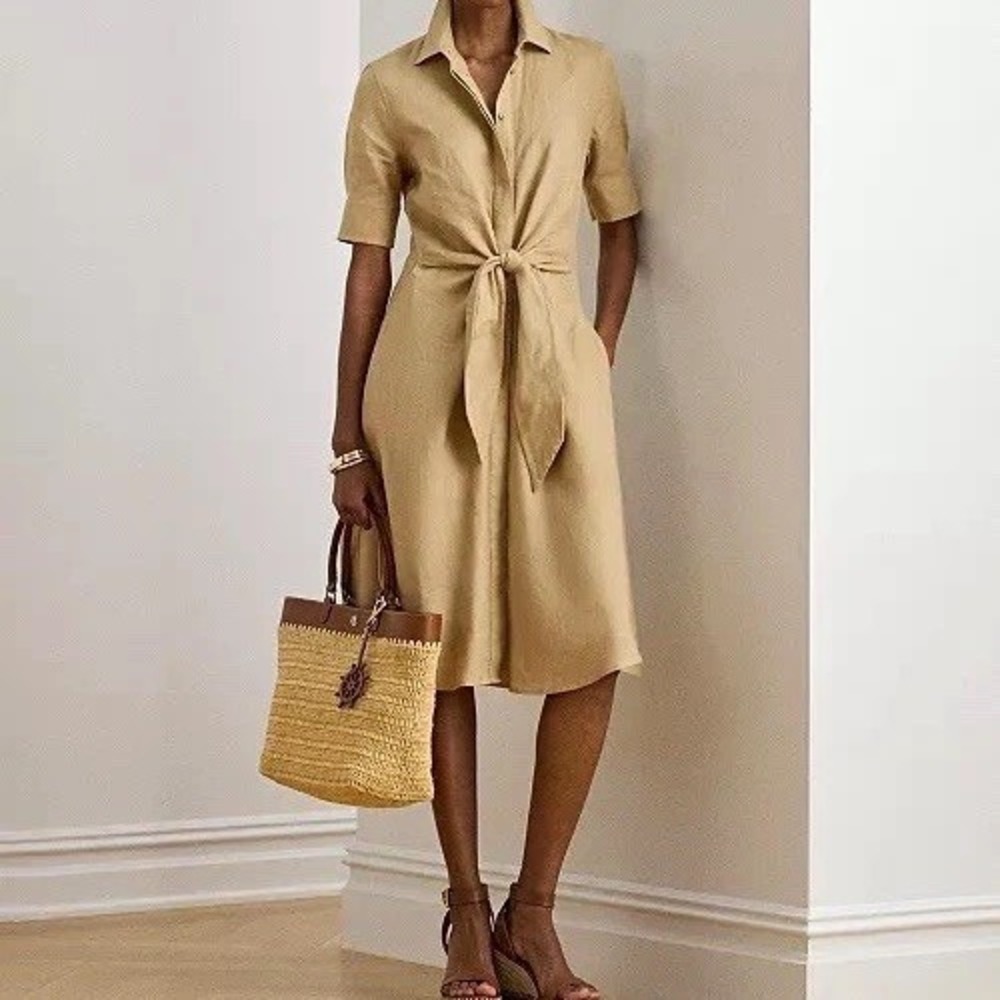 Lauren Ralph Lauren 100% Linen Midi Shirt Dress 16W NWT Tan